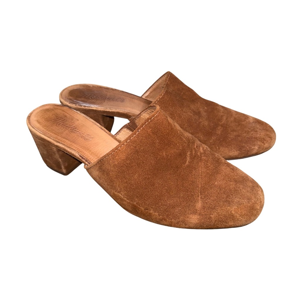 Madewell Harper Suede Block Heel Mules Womens 8 Brown Good Slip On Shoes
